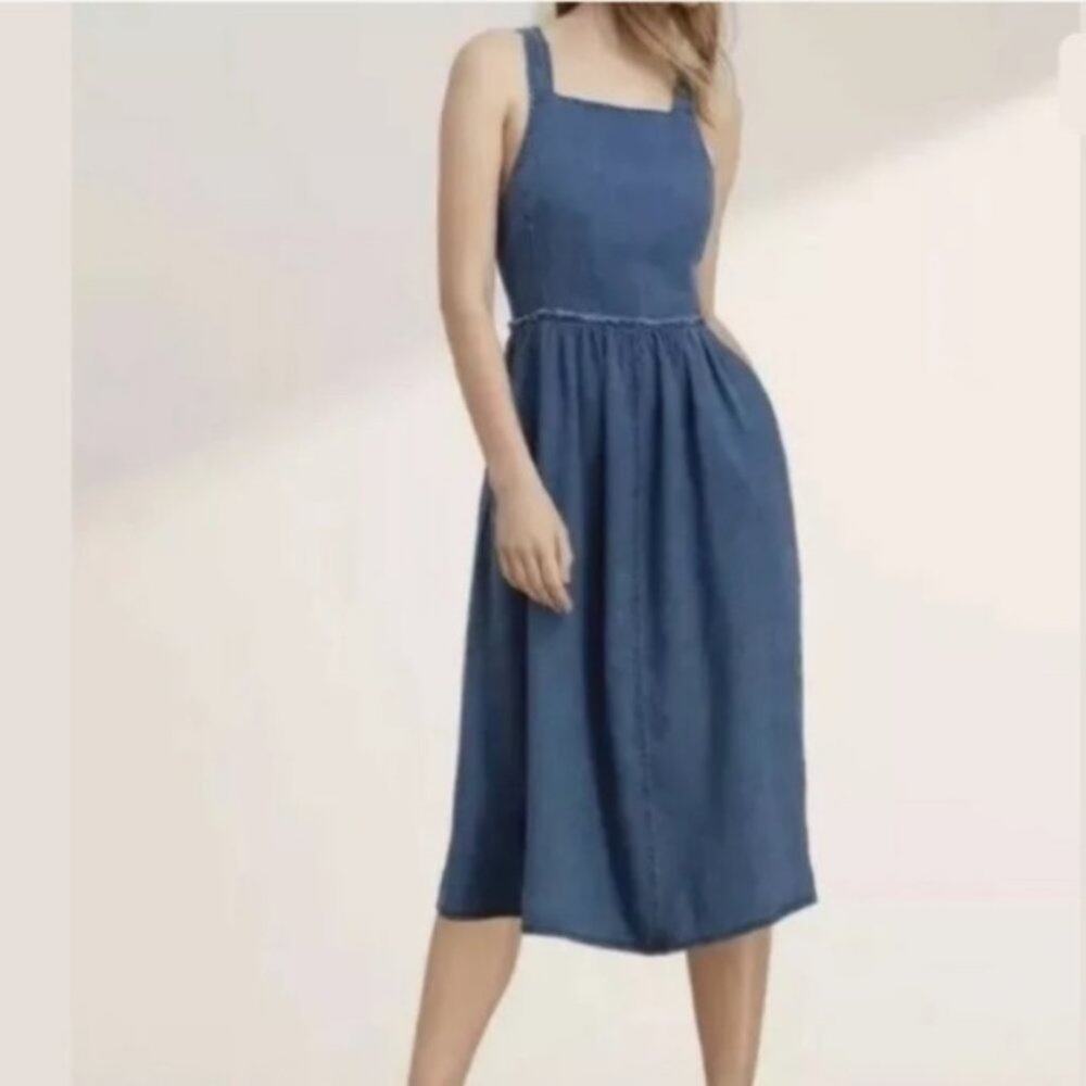 Aritzia Wilfred Midi Blue Criss Cross Back Jumper Pinafore Linen Dress Size 00